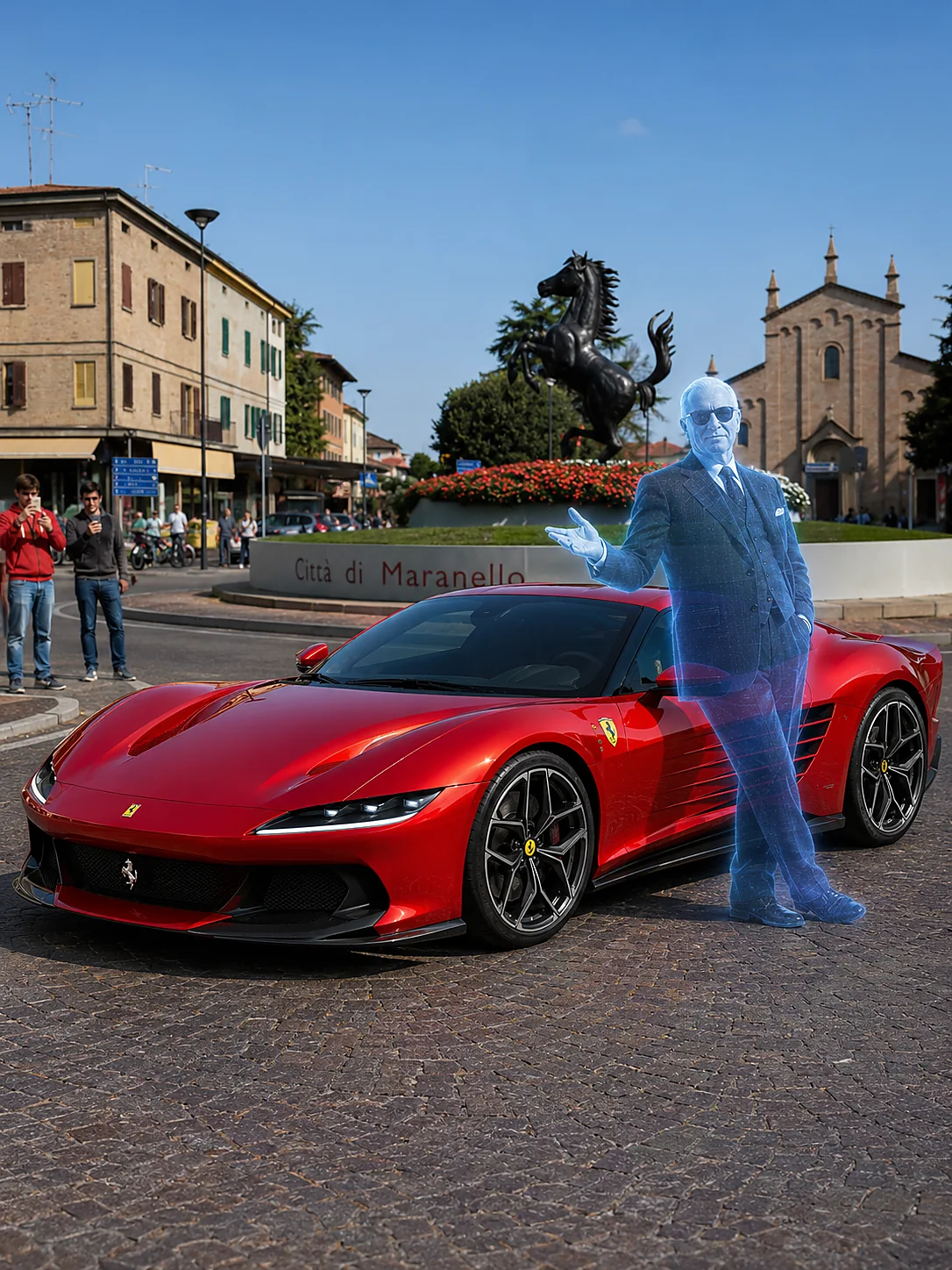 Ferrari Bagliore a Maranello con ologramma celebrativo di Enzo Ferrari